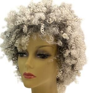 Ashro Spiral Curls Afro Wig Human Hair Blend Black Silver White AVG Size NWT